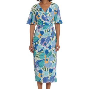 Women's Short Flutter Sleeve Faux Wrap Midi Dress