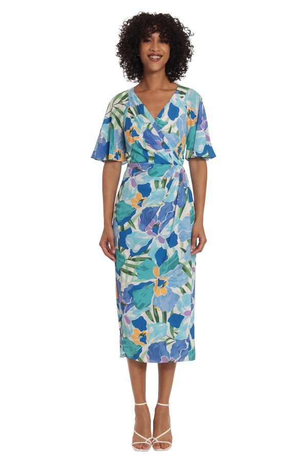 71lxQT9j6sL.jpg Women's Short Flutter Sleeve Faux Wrap Midi Dress