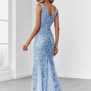 Women's Formal Dress Sequin Tulle Double V-Neck Sleeveless Mermaid Long Evening Dress 07886