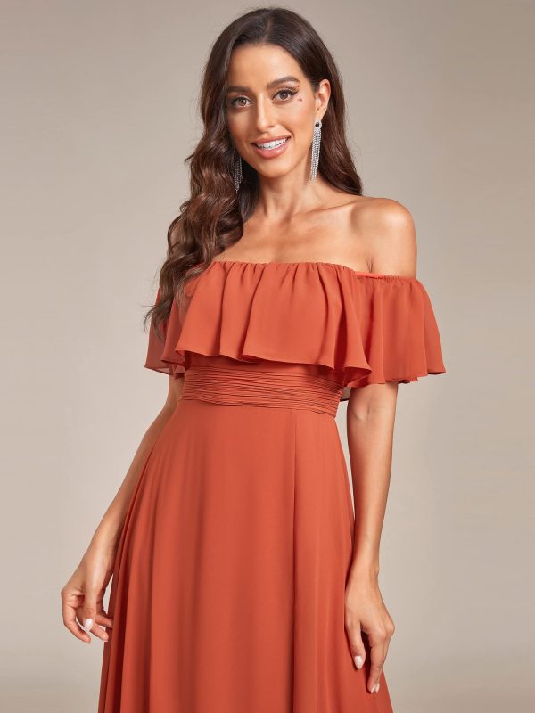 Women's Elegant Off The Shoulder Side Split High Waist Flowy Chiffon Maxi Bridesmaid Dress 00968