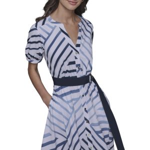 Women's Patterned Short Sleeves Belted Midi Dress