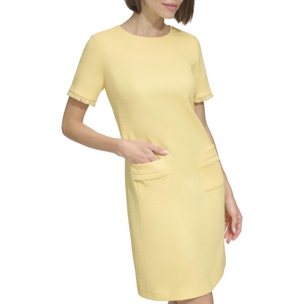 71q8epBBZ6L.jpg Women's Pleated Trim Short Sleeve High Neck Shift Mini Dress