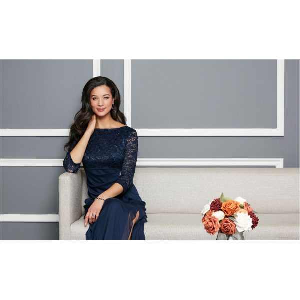 Women's Long Mother of The Bride Dress with Stretch Lace Bodice & Hip Embellishment (Petite and Regular Sizes)