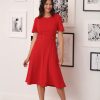 Women's Knit Eyelet Short Sleeve Crepe Inset Waist Midi with Button Detail