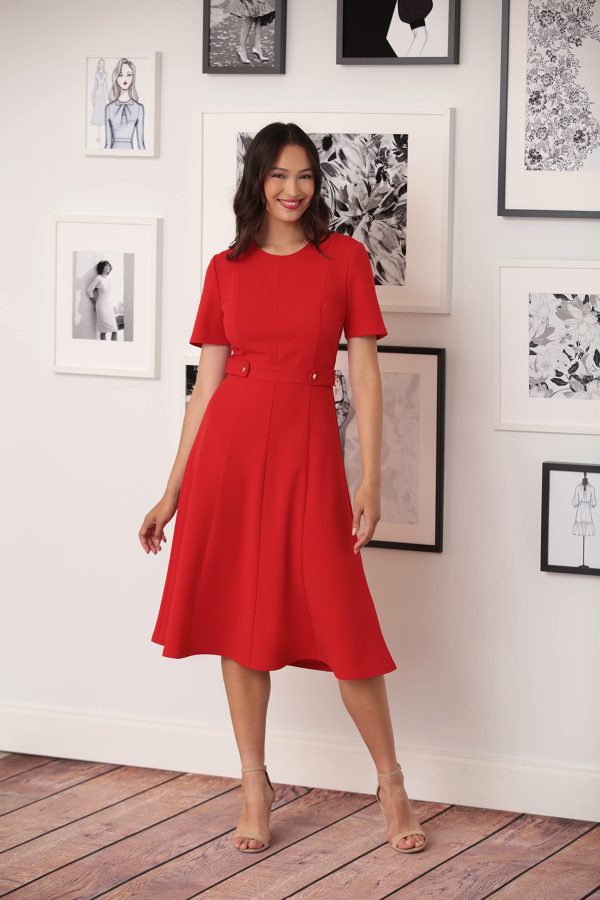 71ssuoYosUL.jpg Women's Knit Eyelet Short Sleeve Crepe Inset Waist Midi with Button Detail