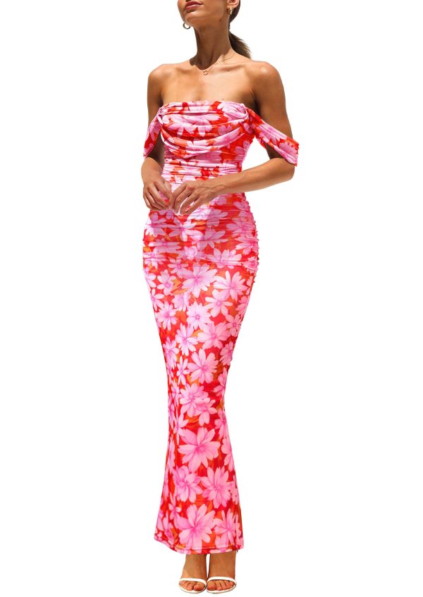 Women's Floral Maxi Dress 2025 Summer Off Shoulder Mesh Elegant Cocktail Party Ruched Bodycon Dresses