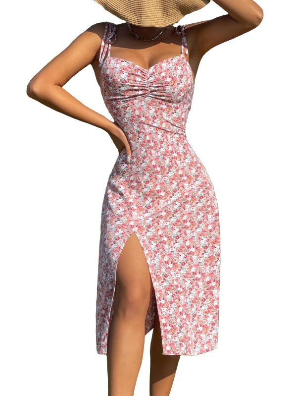 Women's Summer Split Thigh Spaghetti Strap Cami Midi Floral Dress