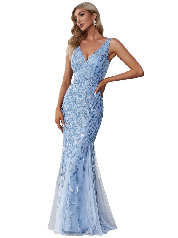 Women's Formal Dress Sequin Tulle Double V-Neck Sleeveless Mermaid Long Evening Dress 07886