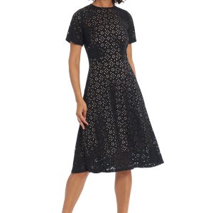 Women's A-line Short Sleeve Floral Laser Cut Knee Length Dress
