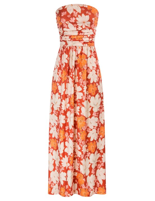 Women Strapless Casual Loose Ruched Long Maxi Dress with Pockets