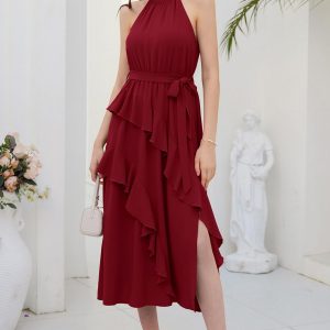 Women's 2024 Summer Sleeveless Halter Neck Ruffle Hem Split Flowy Swing Long Midi Dress with Belt