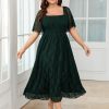Women's Plus Size Wedding Guest Dress Formal Lace Square Neck Short Sleeve Smocked Flowy Cocktail Maxi Dresses