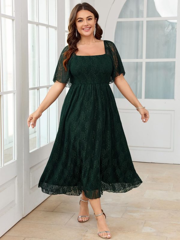 Women's Plus Size Wedding Guest Dress Formal Lace Square Neck Short Sleeve Smocked Flowy Cocktail Maxi Dresses