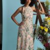 Women's Garden Embroidered Mesh Halter Midi Dress-Perfect for Wedding Guest & Special Occasions