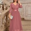 Women's Elegant V Neck Sequin Lace Sleeve Bridesmaid Party A-line Dress