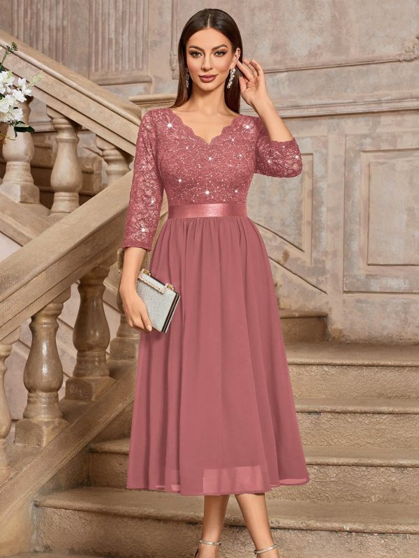 813oFrKx1zL.jpg Women's Elegant V Neck Sequin Lace Sleeve Bridesmaid Party A-line Dress