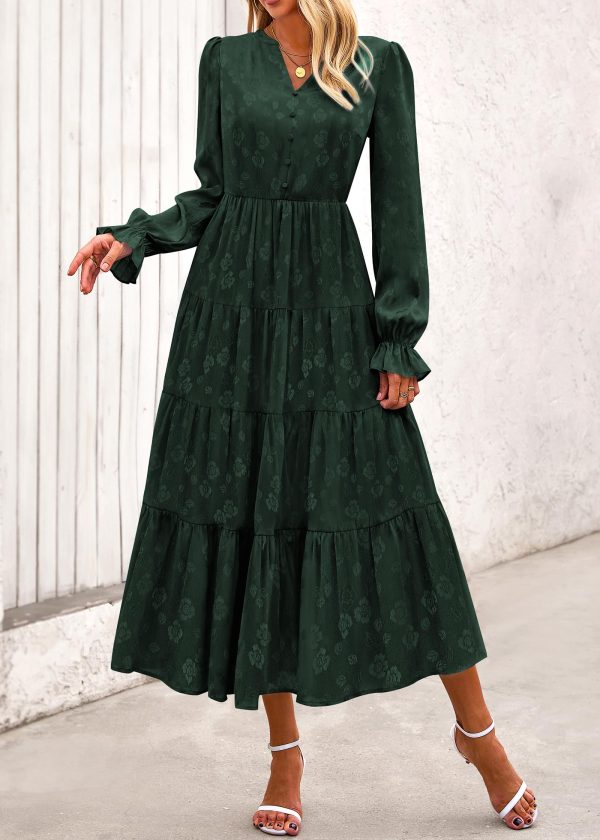Dresses for Women 2025 Elegant Classy Wedding Guest Maxi Long Sleeve Empire Waist Ruffle Tiered A Line Long Dress