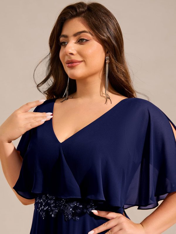 815YsAk14-L.jpg Women's Ball Gown V-Neck A Line Chiffon Applique Shawl Short Sleeves Maxi Plus Size Formal Dresses 02289-DA