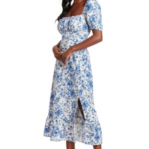 Women's Square Neck Smocked Back Linen Blend Flattering Versatile Spring Summer Garden Party Dress