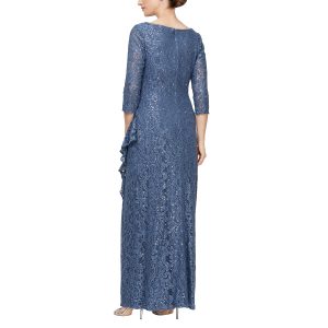 Women's Long 3/4 Sleeve, Mother of The Bride Dress W/Cascade Ruffle and Front Slit, (Petite and Regular Sizes)