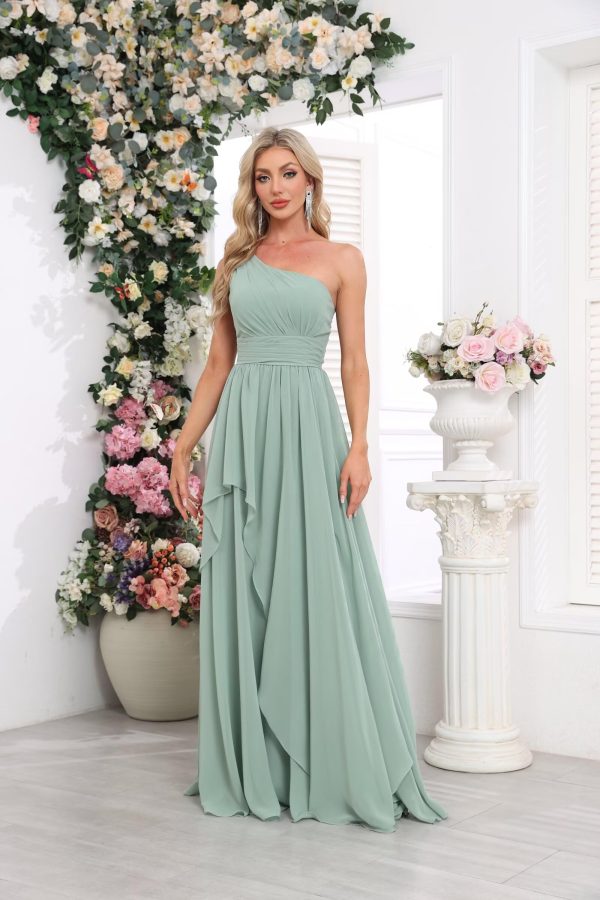 Women's One Shoulder Bridesmaid Dresses Long Ruched Chiffon A Line Formal Party Dress with Pockets