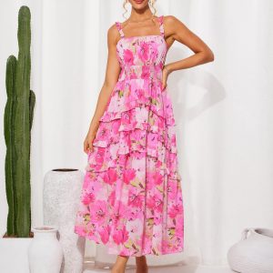 Women's Floral Summer Wedding Guest Dresses 2025 Trendy Long Flowy Smocked Tiered Maxi Dress