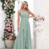 Women's One Shoulder Bridesmaid Dresses Long Ruched Chiffon A Line Formal Party Dress with Pockets