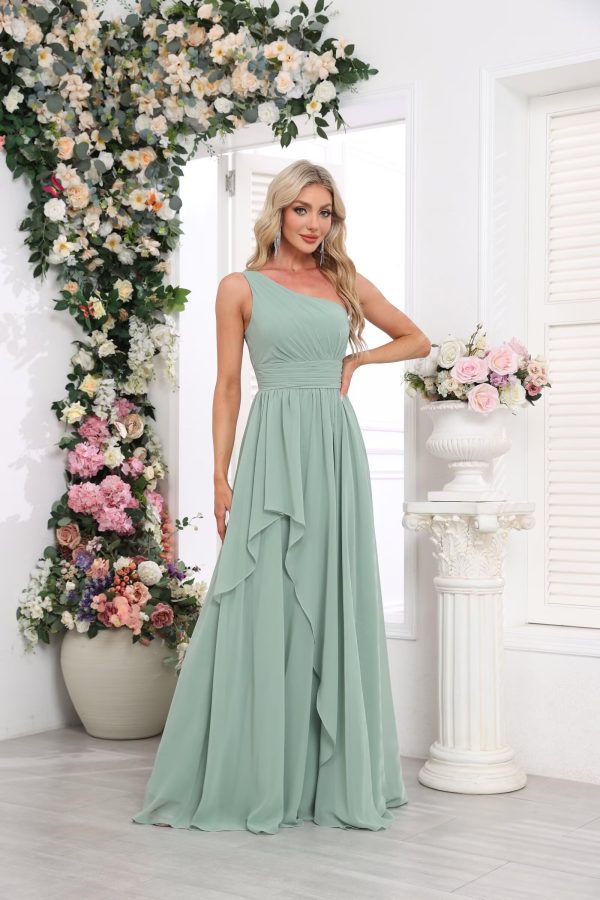 Women's One Shoulder Bridesmaid Dresses Long Ruched Chiffon A Line Formal Party Dress with Pockets