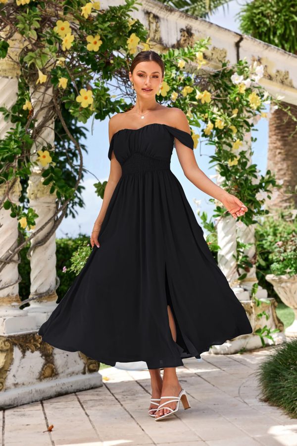 2025 Women's Summer Floral Print Flowy A Line Maxi Dresses Sleeveless Smocked Off Shoulder Dress