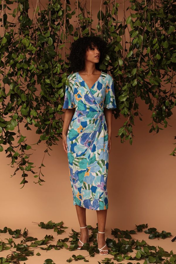 81cF0XGVLIL.jpg Women's Short Flutter Sleeve Faux Wrap Midi Dress