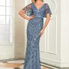 Women's Ruffles Sleeves Sequin Embroidery Evening Mother of The Bride Dress 00692