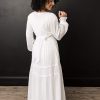 Women's Modest White Full Length Long Sleeve Cotton Special Occasion Dress with Button Down Front