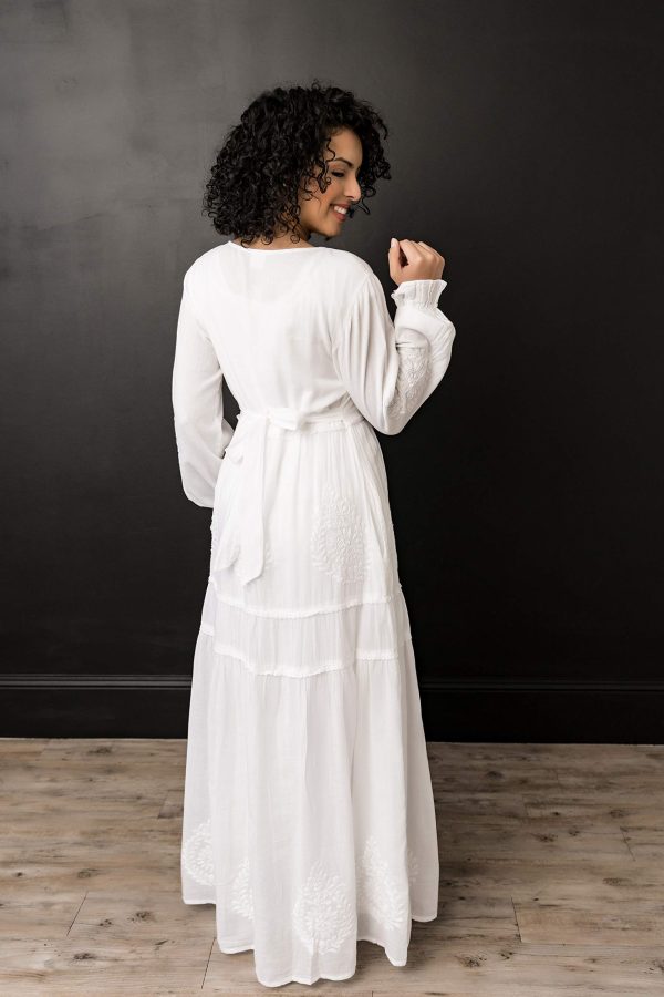 Women's Modest White Full Length Long Sleeve Cotton Special Occasion Dress with Button Down Front