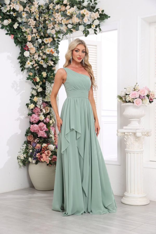 Women's One Shoulder Bridesmaid Dresses Long Ruched Chiffon A Line Formal Party Dress with Pockets