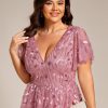 Women's V Neck Short Sleeves Embroidery Empire Waist Sequin Plus Size Midi Cocktail Wedding Guest Dresses 2230-DA