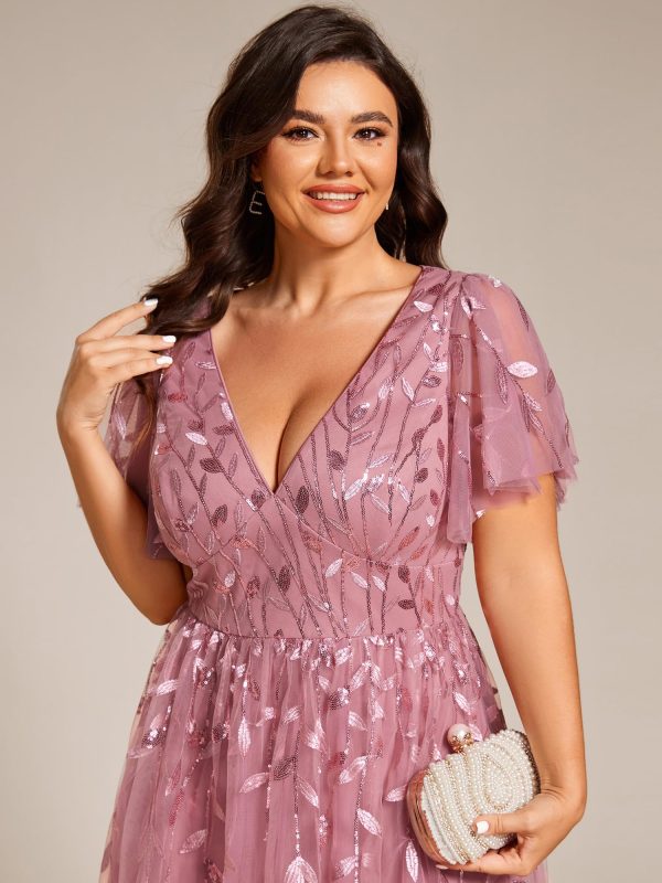 Women's V Neck Short Sleeves Embroidery Empire Waist Sequin Plus Size Midi Cocktail Wedding Guest Dresses 2230-DA