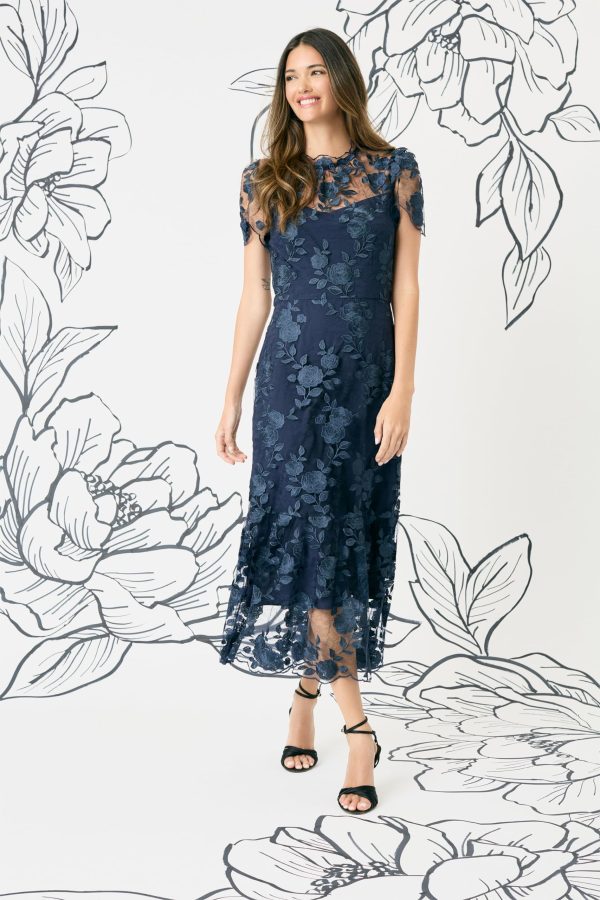 Floral Embroidered Midi Women, High Neck Summer Cocktail & Wedding Guest Dress