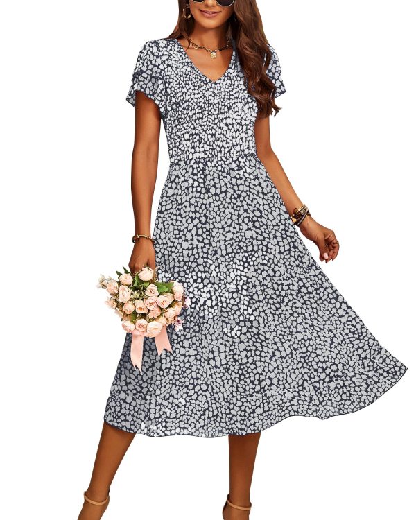 Women Casual Summer Short Ruffles Tiered Sleeve Smocked Midi Dresses Bohemian Floral V Neck Wedding Guest Long Dresses