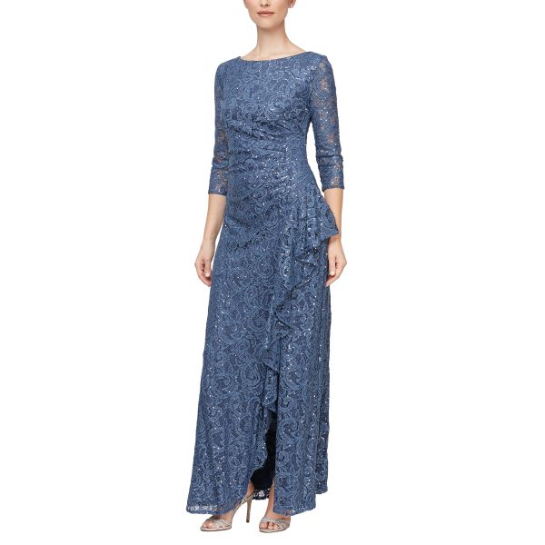 Women's Long 3/4 Sleeve, Mother of The Bride Dress W/Cascade Ruffle and Front Slit, (Petite and Regular Sizes)