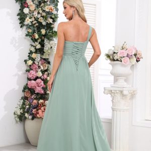 Women's One Shoulder Bridesmaid Dresses Long Ruched Chiffon A Line Formal Party Dress with Pockets