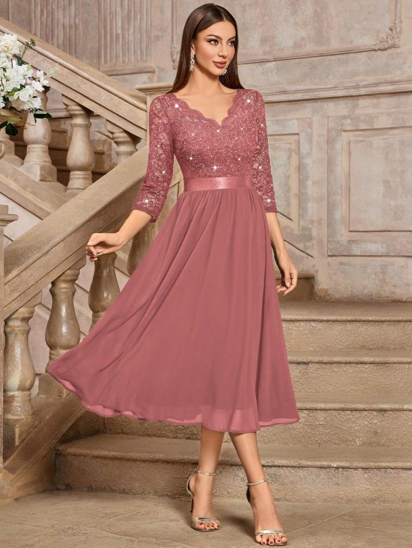 81sIdVTjHbL.jpg Women's Elegant V Neck Sequin Lace Sleeve Bridesmaid Party A-line Dress