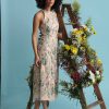 Women's Garden Embroidered Mesh Halter Midi Dress-Perfect for Wedding Guest & Special Occasions