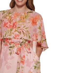Women's Maxi Style Caplet Chiffon Elbow Sleeve Jewel Neck Dress