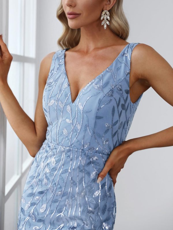 Women's Formal Dress Sequin Tulle Double V-Neck Sleeveless Mermaid Long Evening Dress 07886