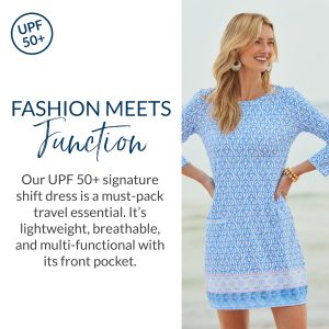 Shift Dress, UPF 50+ Sun Protection Casual Dress, Boat Neckline, Quarter Sleeve, Womens Fashion