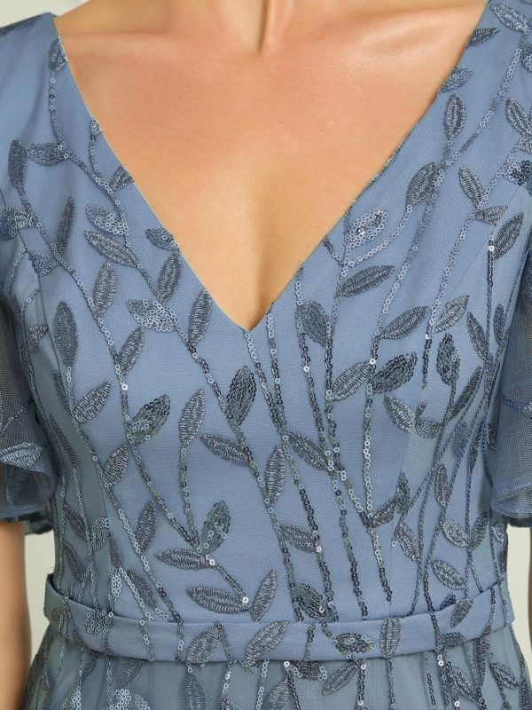 Women's Ruffles Sleeves Sequin Embroidery Evening Mother of The Bride Dress 00692