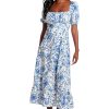 Women's Square Neck Smocked Back Linen Blend Flattering Versatile Spring Summer Garden Party Dress