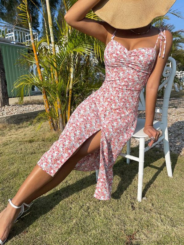 Women's Summer Split Thigh Spaghetti Strap Cami Midi Floral Dress