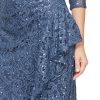 Women's Long 3/4 Sleeve, Mother of The Bride Dress W/Cascade Ruffle and Front Slit, (Petite and Regular Sizes)