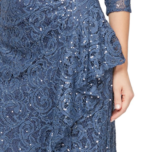 Women's Long 3/4 Sleeve, Mother of The Bride Dress W/Cascade Ruffle and Front Slit, (Petite and Regular Sizes)
